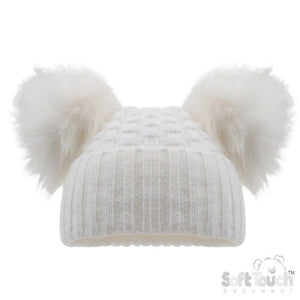 Soft Touch Honeycomb Knit Turnup Pompom Hat White